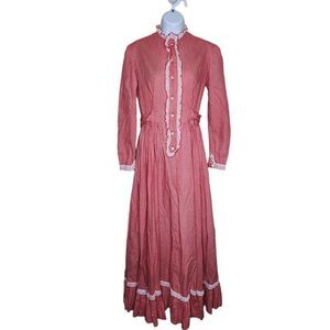 Vintage 40s Country Prairie Maxi Dress Womens Small Red Calico Metal Zipper